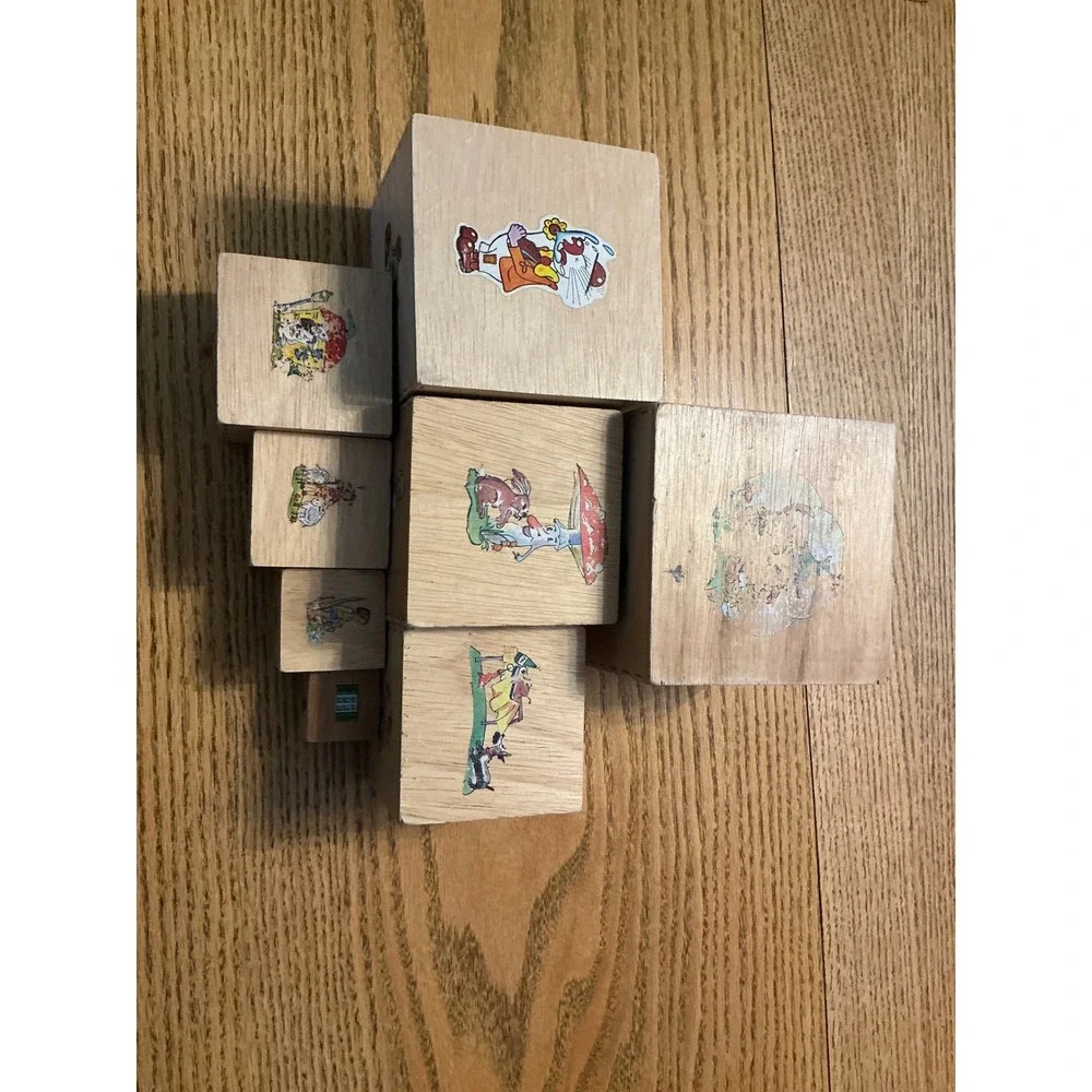 Vintage Hermann‎ Eichhord 8 Wooden Nesting Blocks Set Folk Art Character Decals
